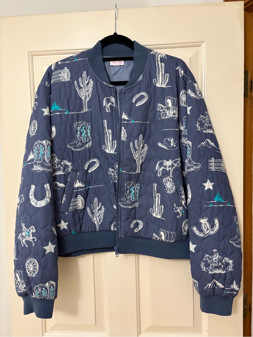 Pink Lily Navy Blue Quilted Western Print Jacket